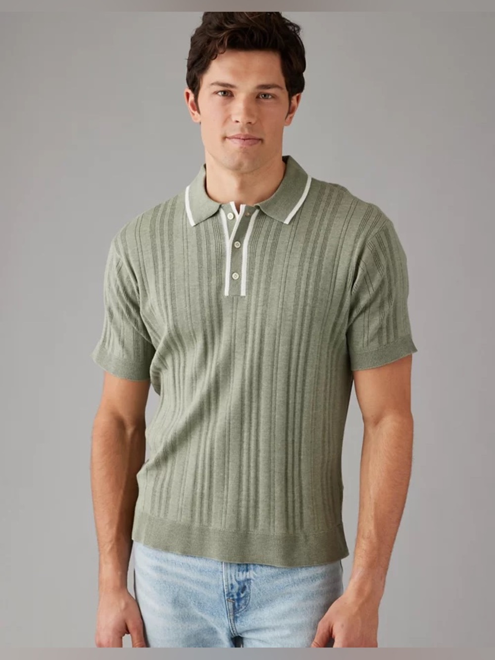 American Eagle Weekend Tipped Sweater Polo Olive Retro Mod Minimalist Menswear